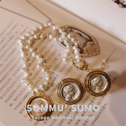 Chic RetroVibe Hercules antique coin necklace portrait antique pendant Baroque pearl earrings