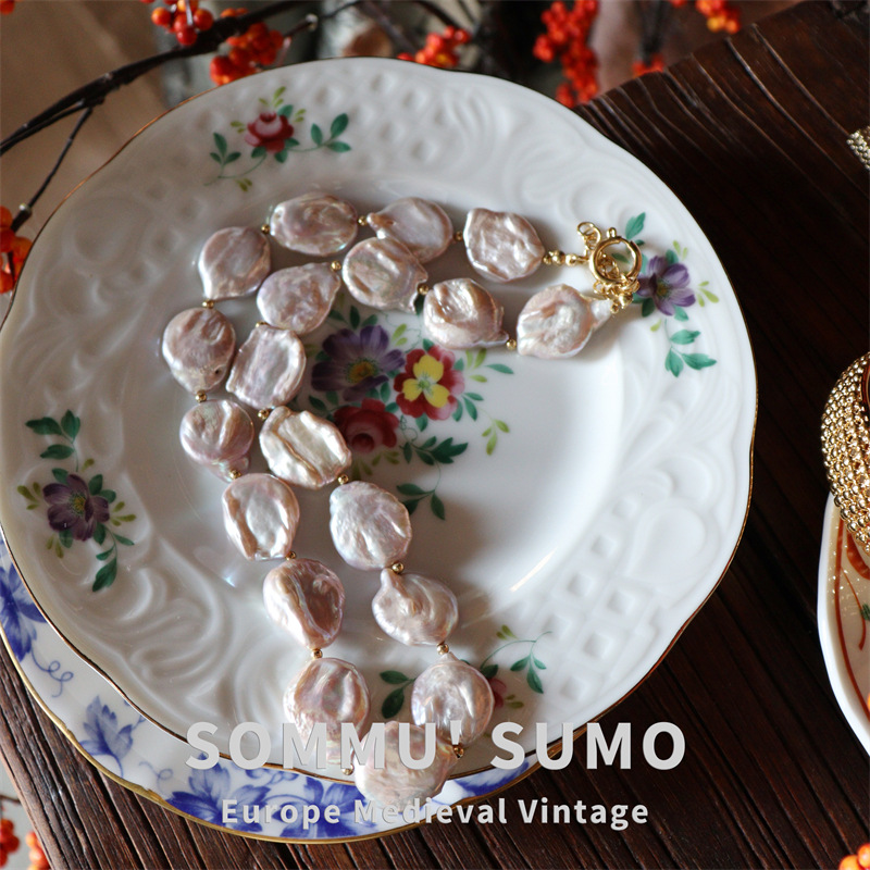 Chic RetroVibe Natural Baroque shaped pearl necklace gold foil painted earrings set