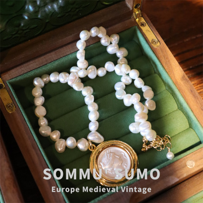 Chic RetroVibe Hercules antique coin necklace portrait antique pendant Baroque pearl earrings