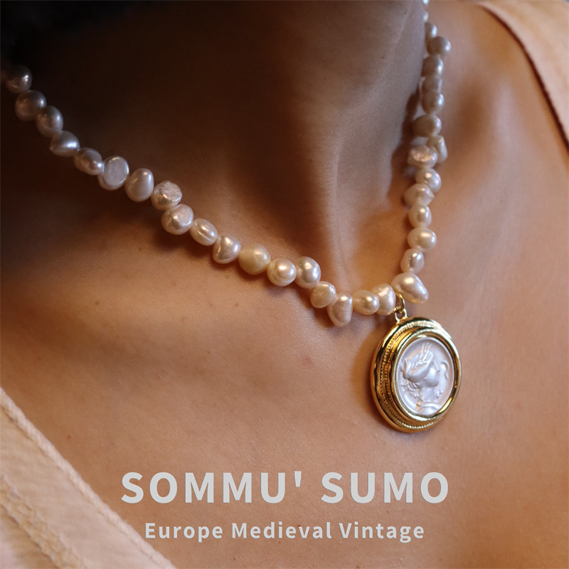 Chic RetroVibe Hercules antique coin necklace portrait antique pendant Baroque pearl earrings