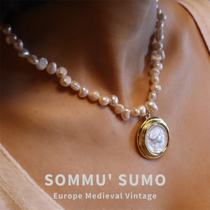 Chic RetroVibe Hercules antique coin necklace portrait antique pendant Baroque pearl earrings