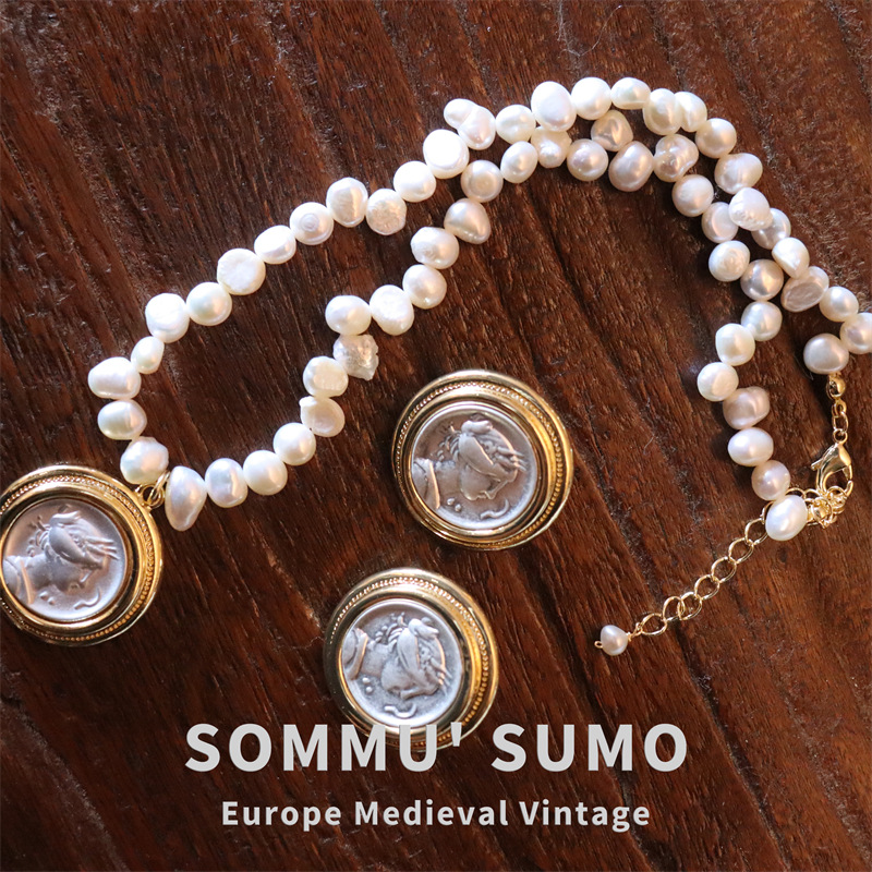 Chic RetroVibe Hercules antique coin necklace portrait antique pendant Baroque pearl earrings