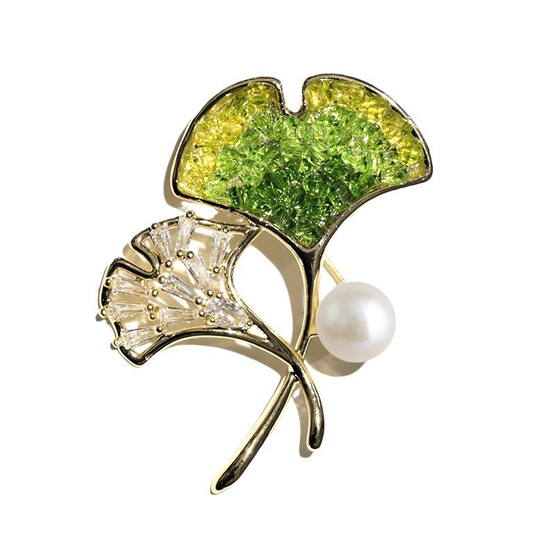 Chic RetroVibe Pearl Green Crystal Ginkgo Leaf Brooch