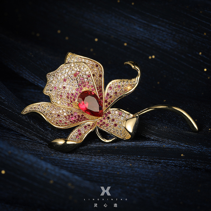 Elegant Copper Zircon Lily Brooch