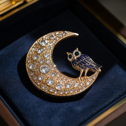 Chic RetroVibe Owl Corsage Moon Brooch Necklace Dual-Use Customization