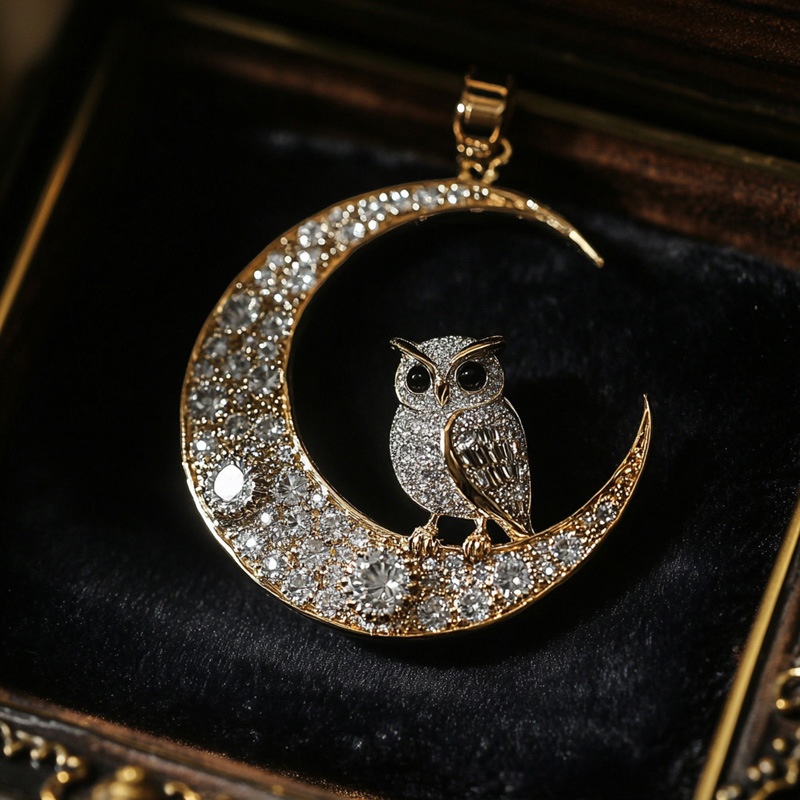 Chic RetroVibe Owl Corsage Moon Brooch Necklace Dual-Use Customization