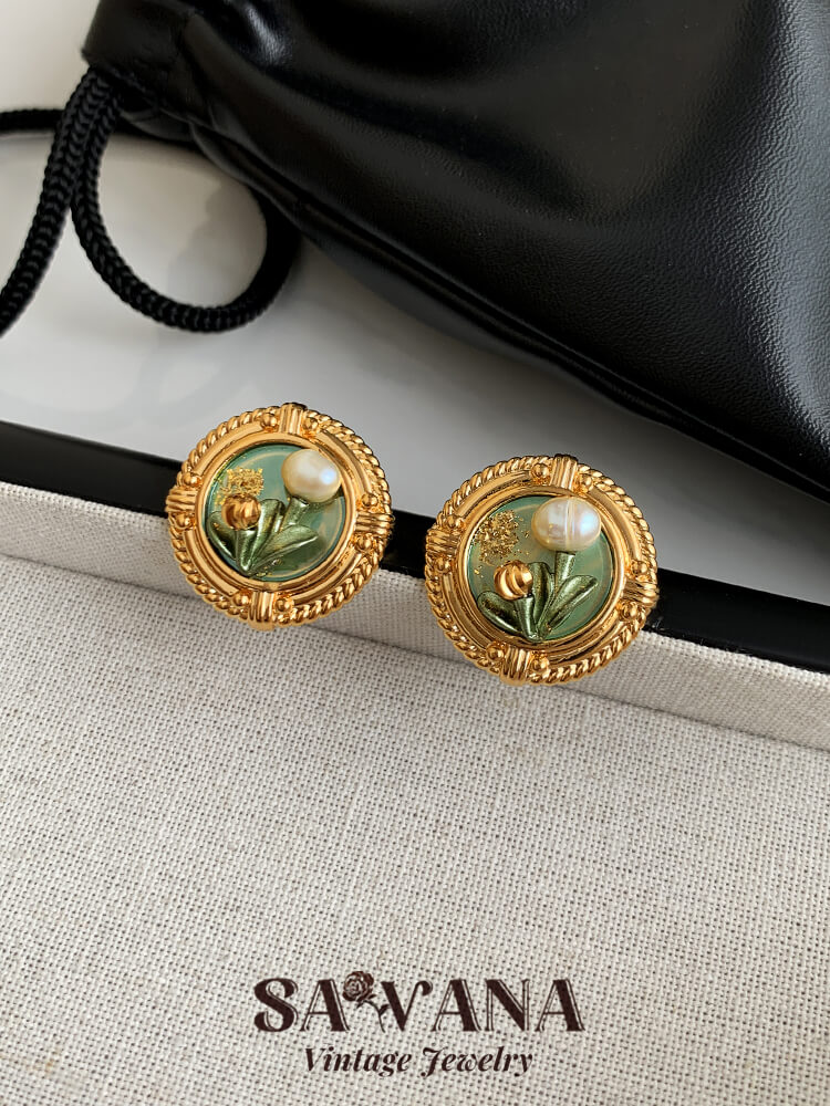 GOOYNN 24K Gold Plated Green Oil Painting Tulips Baroque Pearl Vintage Earrings