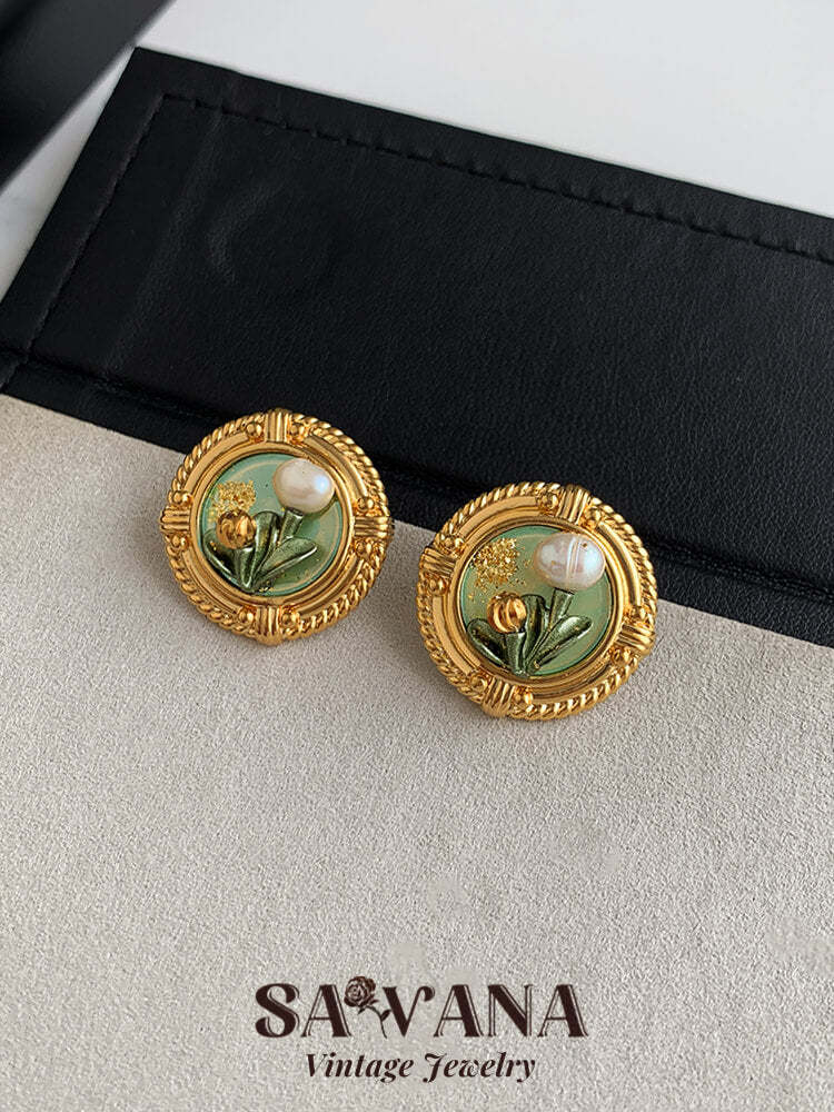 GOOYNN 24K Gold Plated Green Oil Painting Tulips Baroque Pearl Vintage Earrings