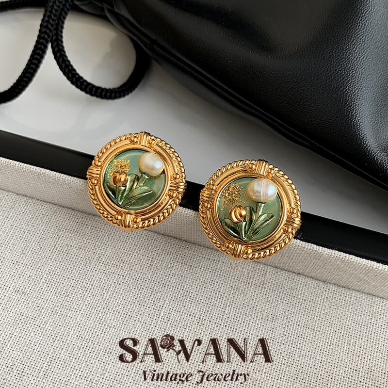 GOOYNN 24K Gold Plated Green Oil Painting Tulips Baroque Pearl Vintage Earrings