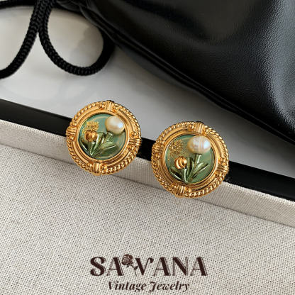 GOOYNN 24K Gold Plated Green Oil Painting Tulips Baroque Pearl Vintage Earrings