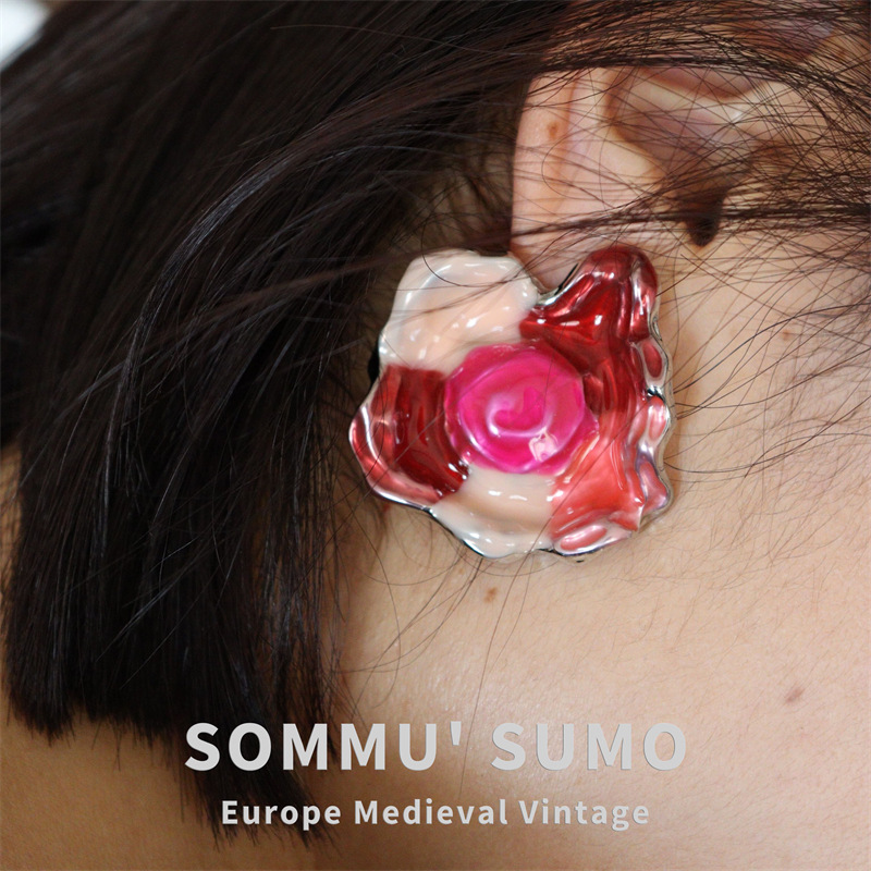 Chic RetroVibe Heavy Industry Enamel Color-Blocking Flower Earrings