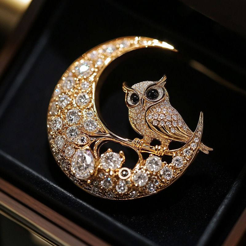 Chic RetroVibe Owl Corsage Moon Brooch Necklace Dual-Use Customization