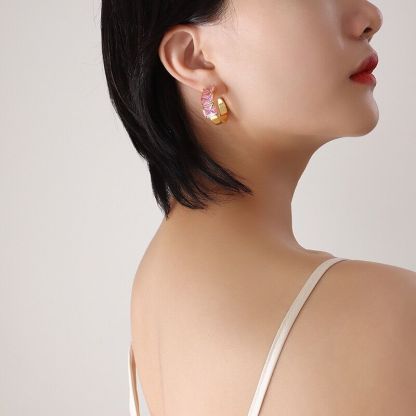 Chic RetroVibe Geometric Pink Square Diamond Stud Earrings