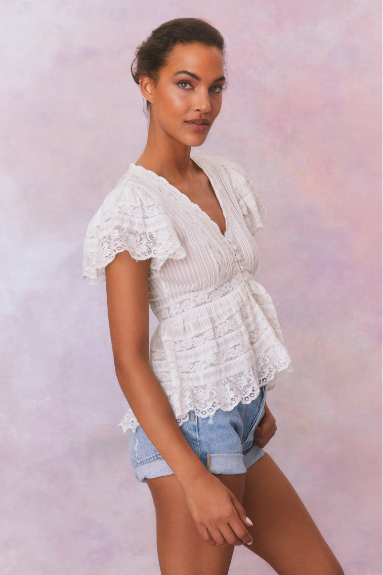 Quinella Cotton Peplum V-Neck Button-Down Blouse-morningim