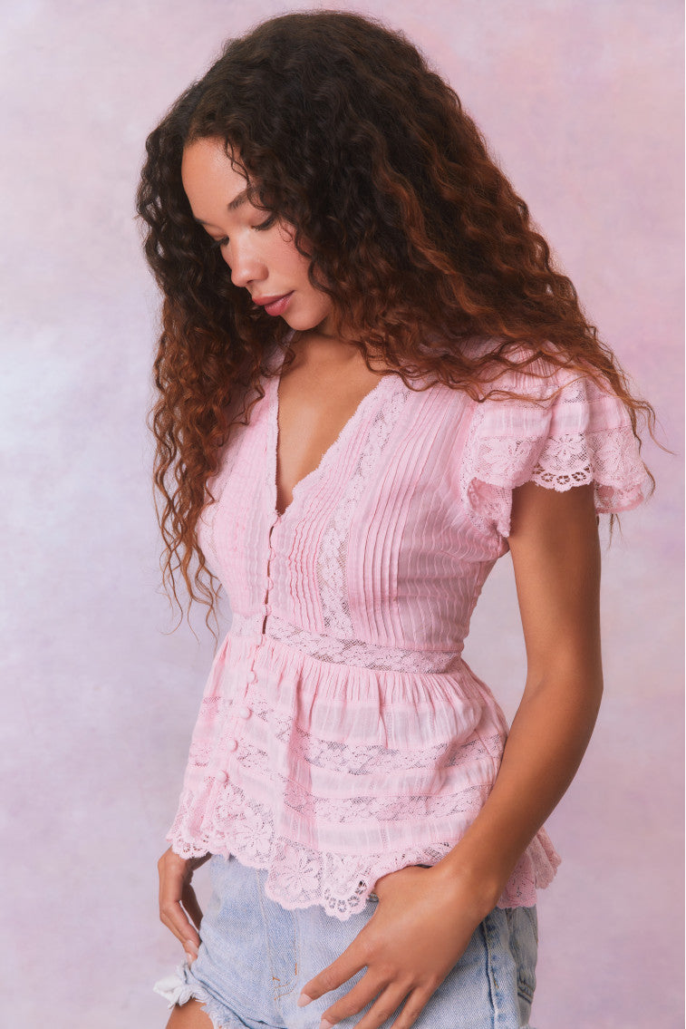 Quinella Cotton Peplum V-Neck Button-Down Blouse-morningim