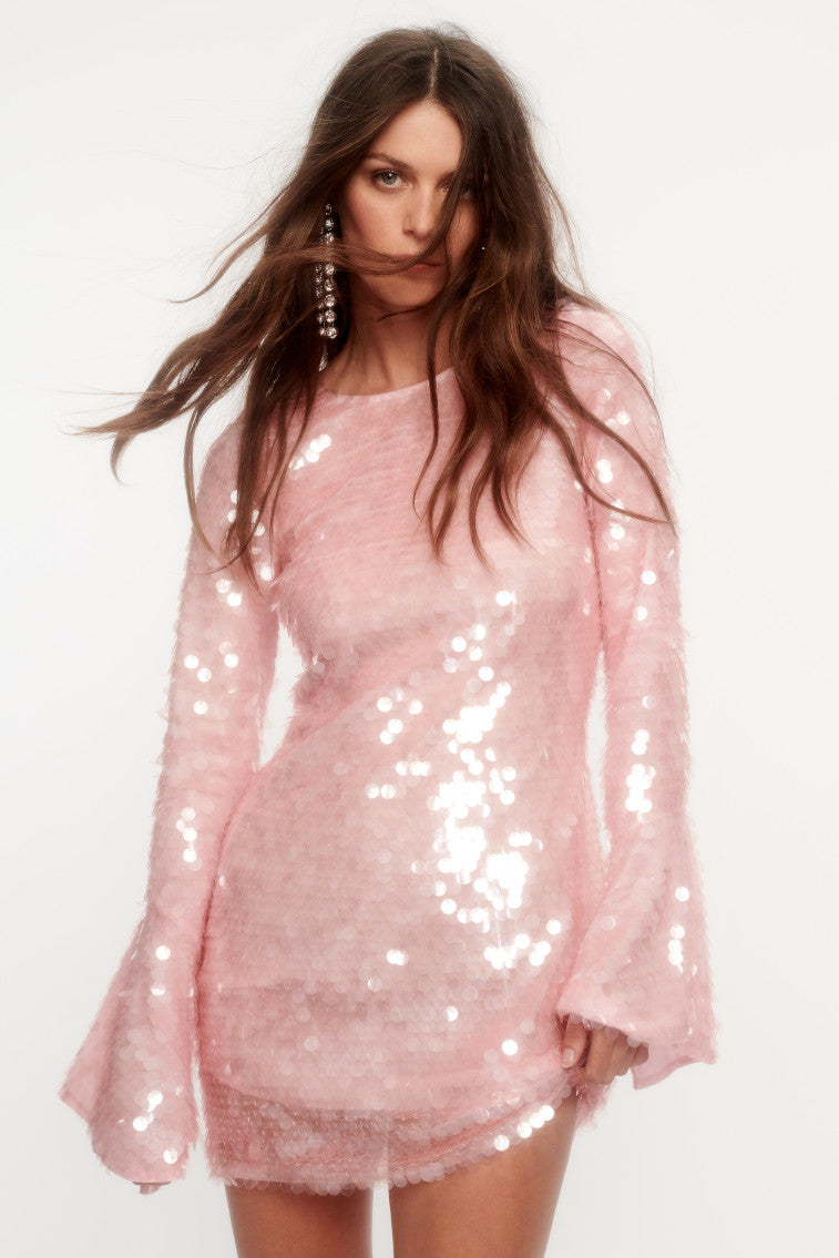 Annabella Sequin Bell Sleeve Mini Dress-morningim