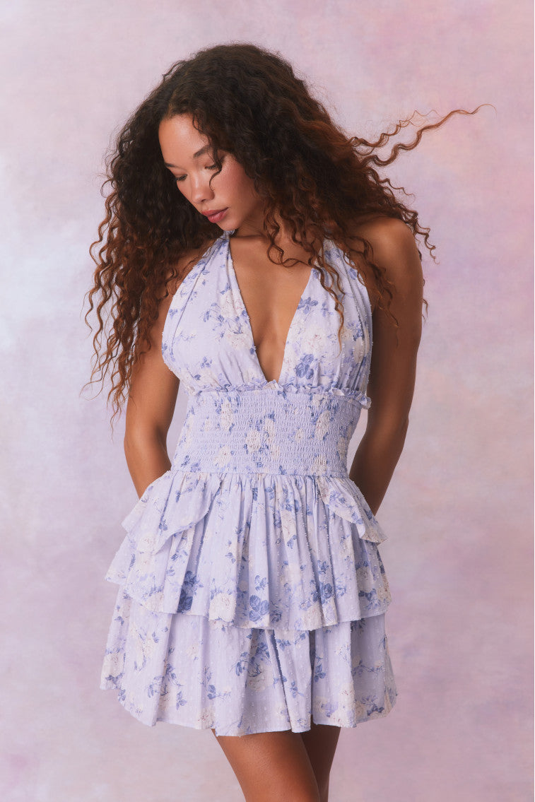 Deanna Fragrance Print Halter Mini Dress-WHISPER BLUE-morningim