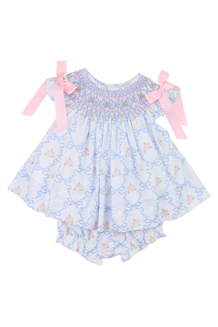 Cecil & Lou Baby Pink and Blue Bouquet Ribbon Smocked Diaper Set-morningim
