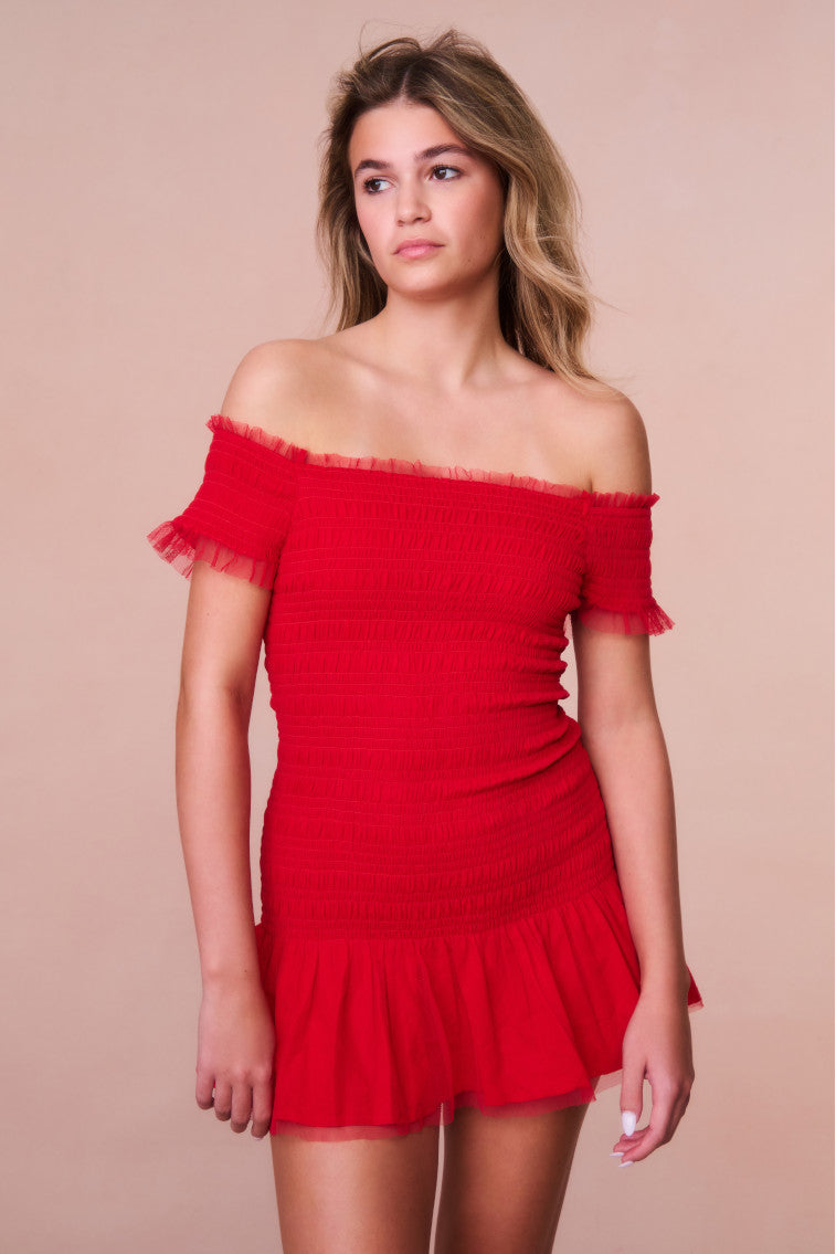 Girls Mosa Off-The-Shoulder Mini Dress - CRIMSON RED-morningim