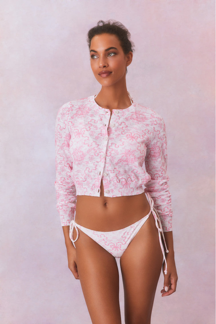 Pinky Bow Print Cardigan-morningim