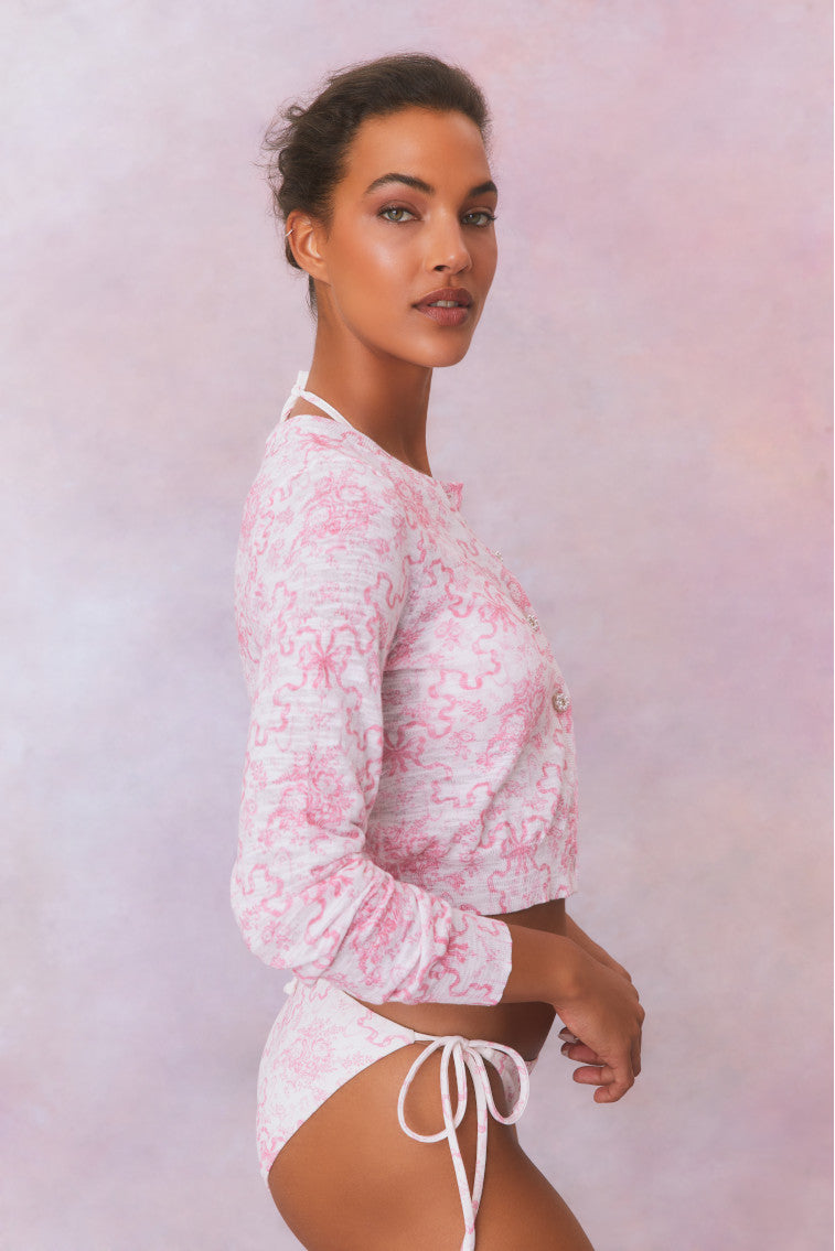 Pinky Bow Print Cardigan-morningim