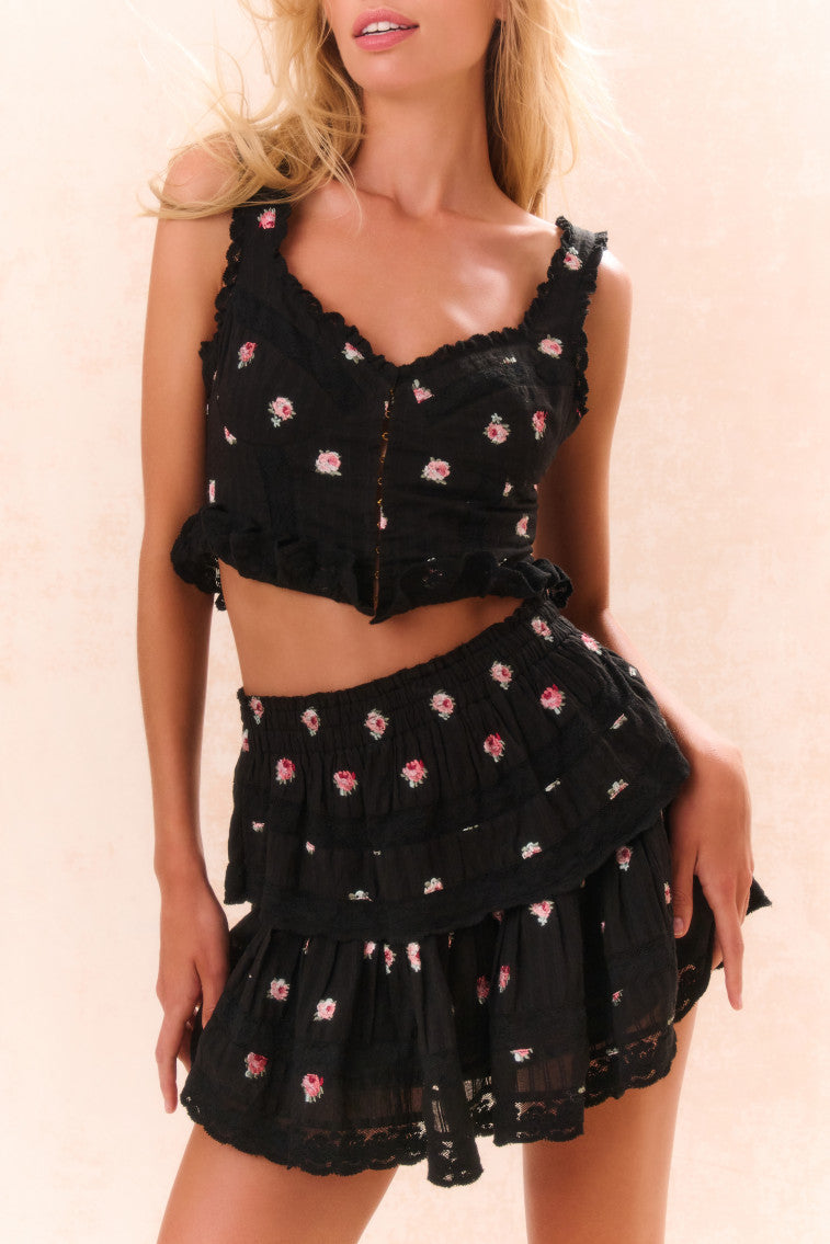 Ruffle Mini Embroidered Floral Skirt-morningim