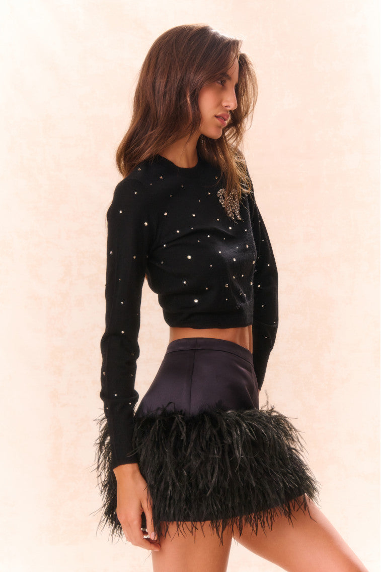 Viviette Feather Mini Skirt - BLACK-morningim