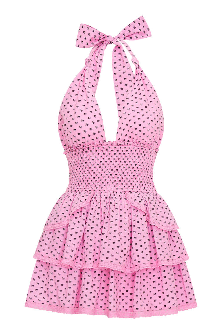 Deanna Cotton Bow Mini Halter Dress-morningim