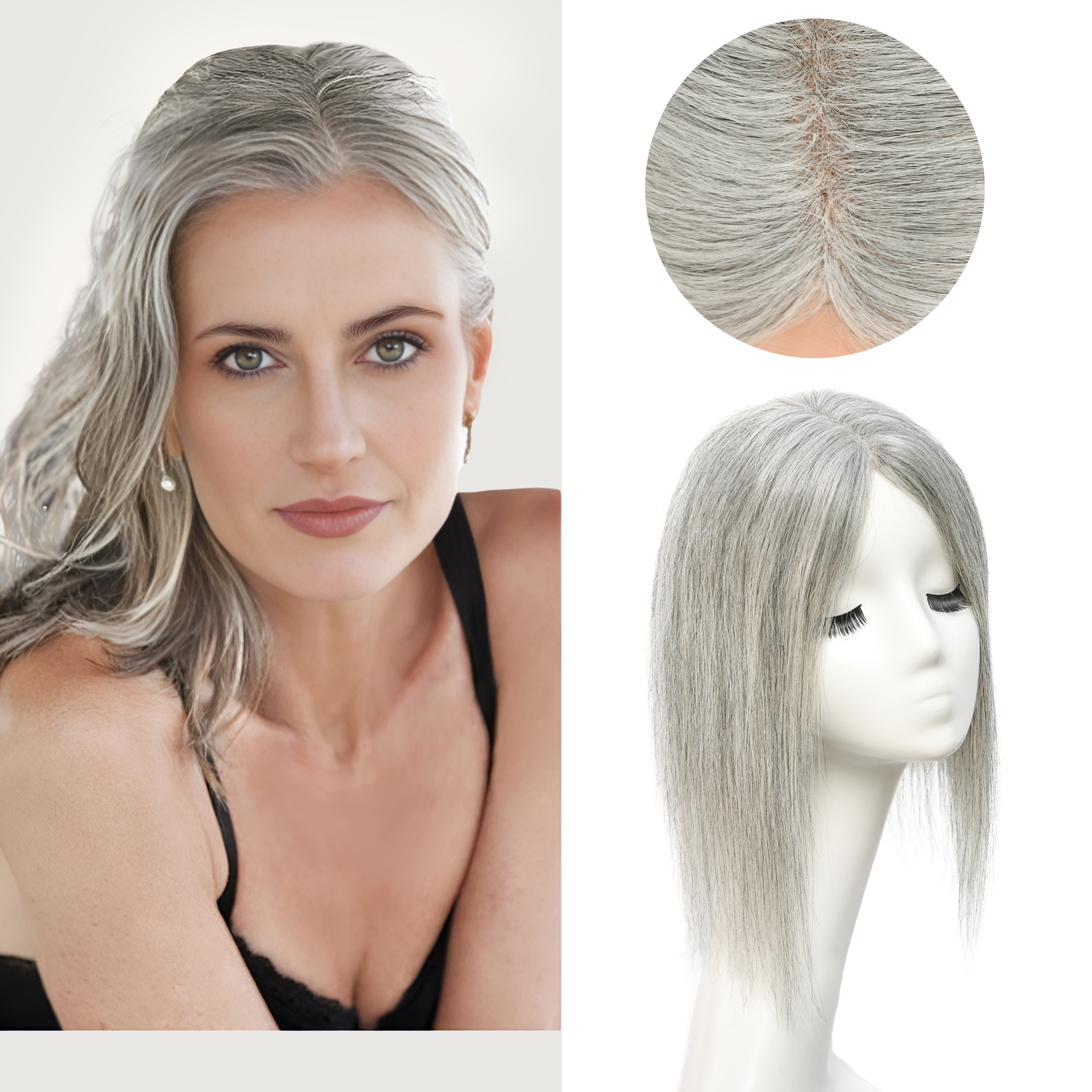 Meiverah Real Human Hair Hand-tied Swiss Lace Topper NO Bangs Clip-In Thick Natural looking Parted Toupee for Women (Pepper Salt)