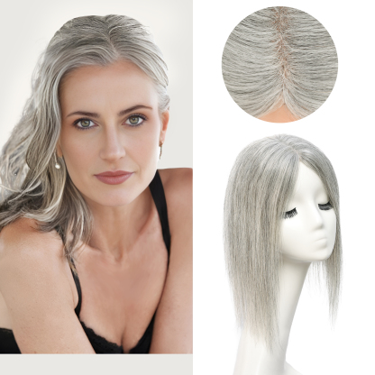 Meiverah Real Human Hair Hand-tied Swiss Lace Topper NO Bangs Clip-In Thick Natural looking Parted Toupee for Women (Pepper Salt)