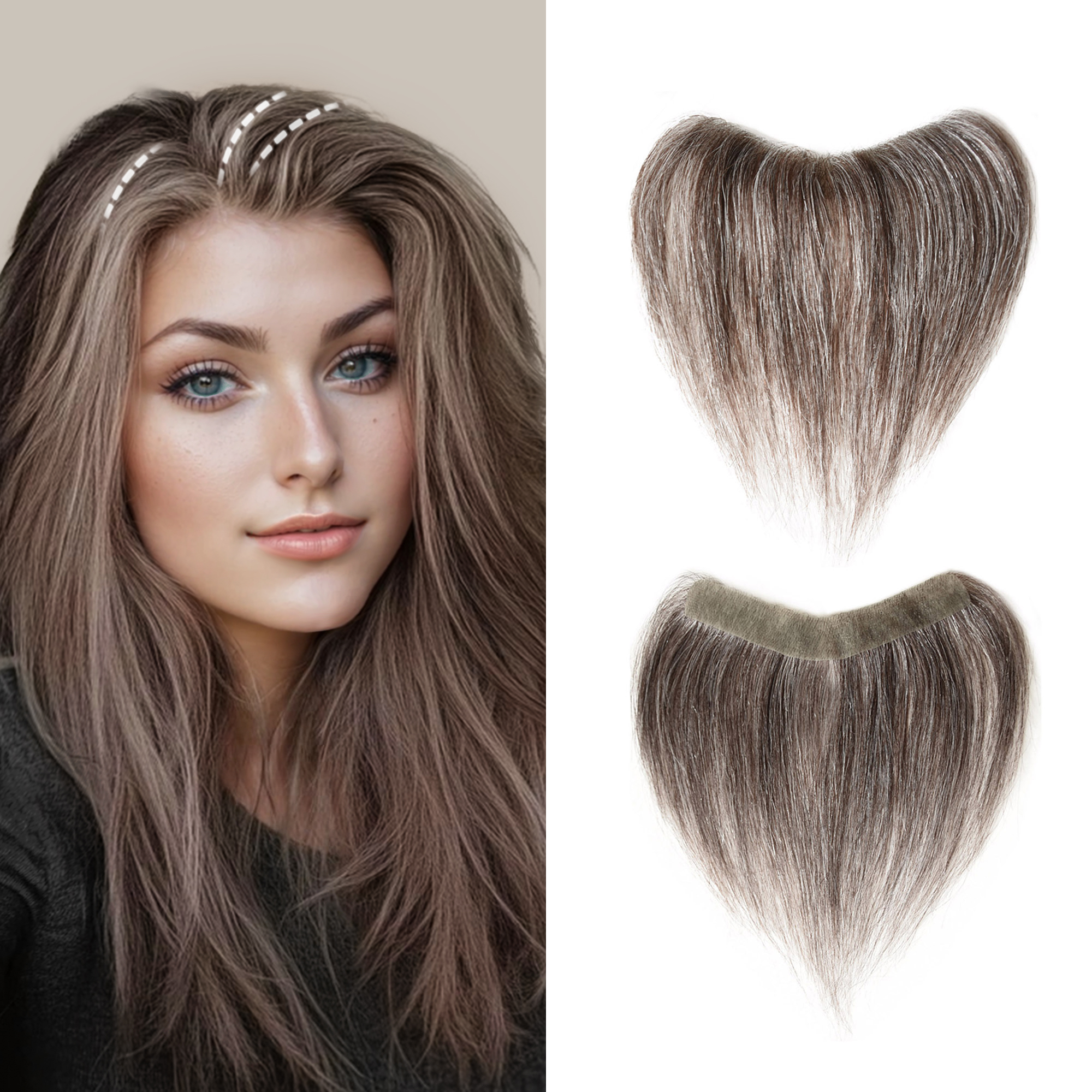 Meiverah Hair Frontal Hairpiece for Women Natural Black Hair Extension Hairline Loss Straight Tape in Human Hair Toppers Replacement Toupee ( 30% Gray-Cinnamon Sugar)