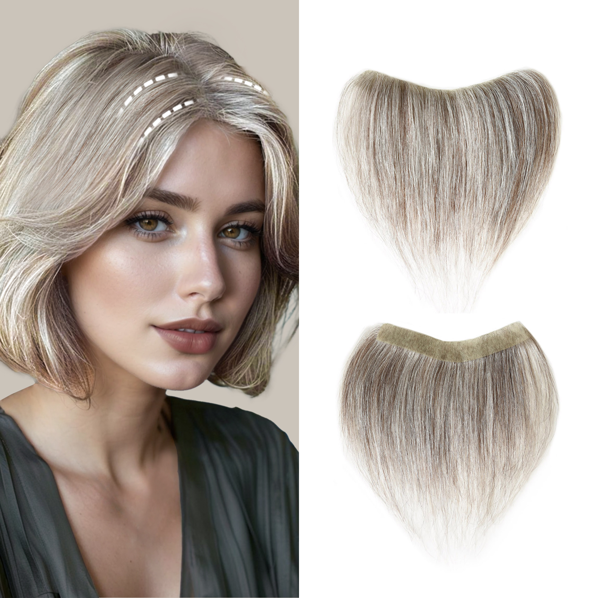 Meiverah Hair Frontal Hairpiece for Women Natural Black Hair Extension Hairline Loss Straight Tape in Human Hair Toppers Replacement Toupee (70% Gray-Cinnamon Sugar)