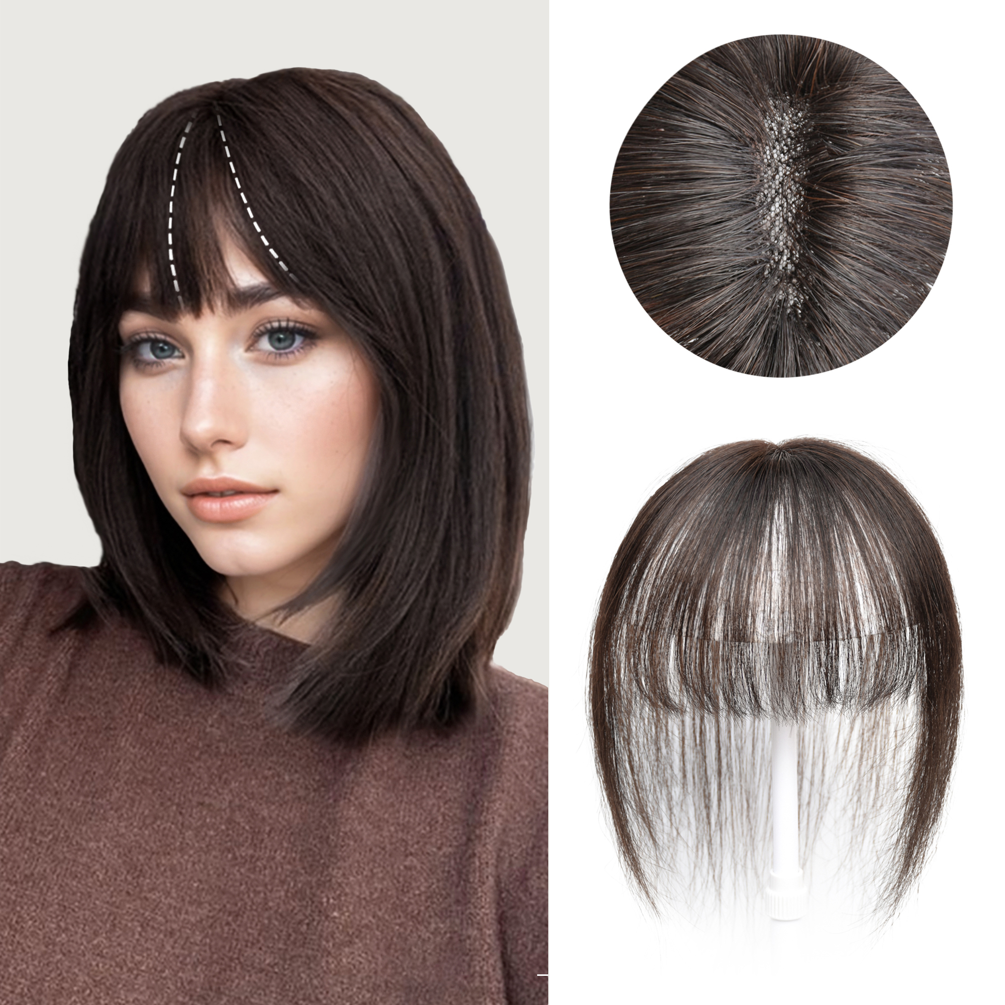 Meiverah Hair Clip in Bangs Real Human Hair with high cranial top for volume Light and airy French bangs for women Clip On Air Bangs for Daily Wear (Medium Brown)