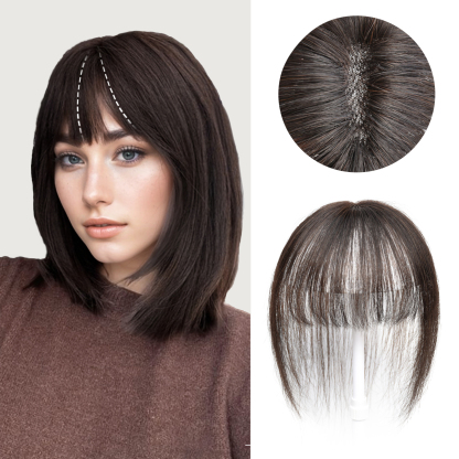 Meiverah Hair Clip in Bangs Real Human Hair with high cranial top for volume Light and airy French bangs for women Clip On Air Bangs for Daily Wear (Medium Brown)