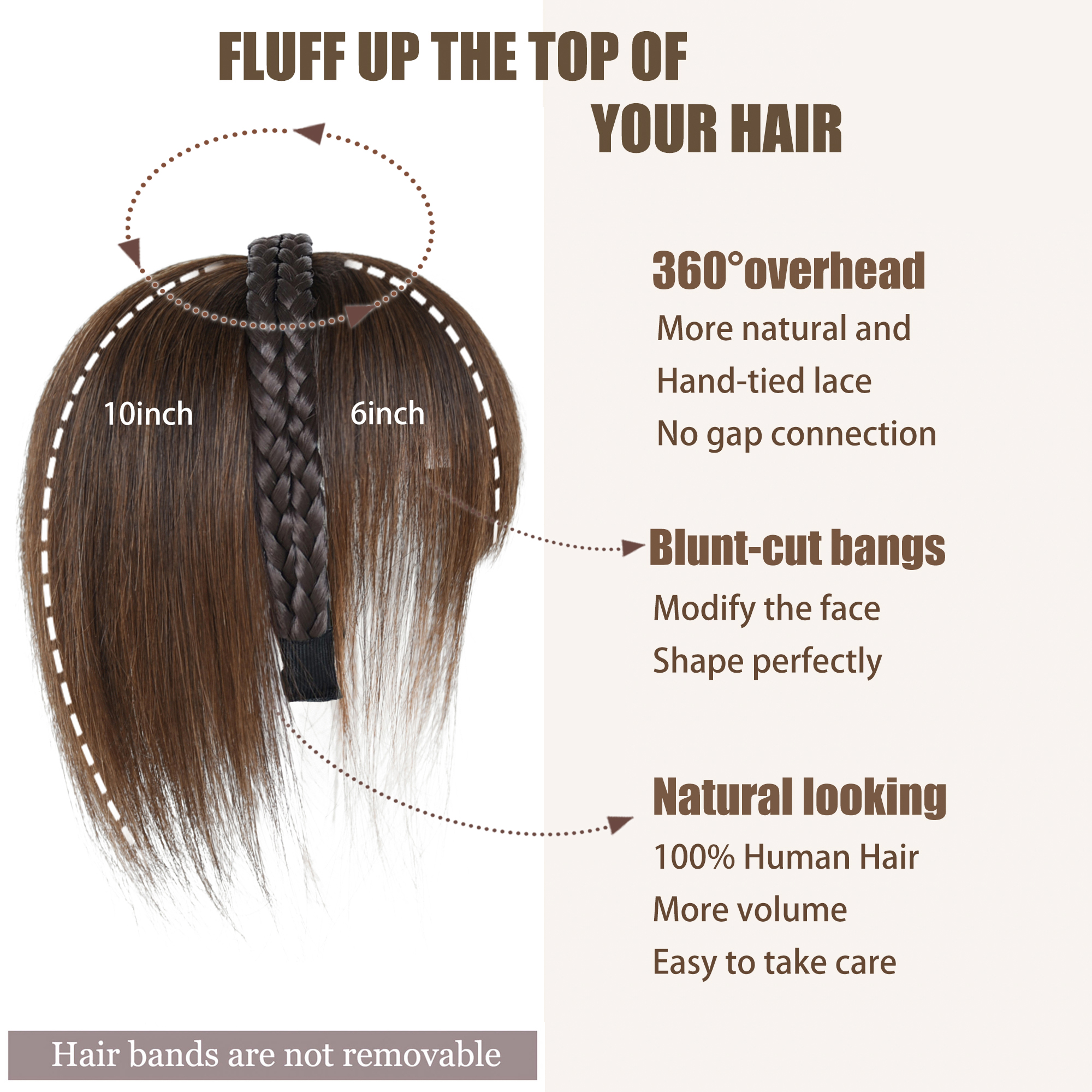 Meiverah Hair Twist Braid Headband Straight Hairpieces Human Hair Clip In Topper Hair Extension With Bangs Invisible Natural(Medium Brwon )