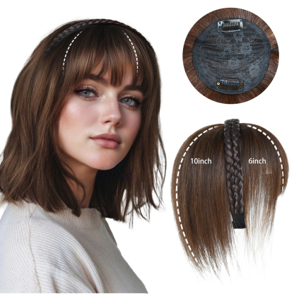 Meiverah Hair Twist Braid Headband Straight Hairpieces Human Hair Clip In Topper Hair Extension With Bangs Invisible Natural(Medium Brwon )