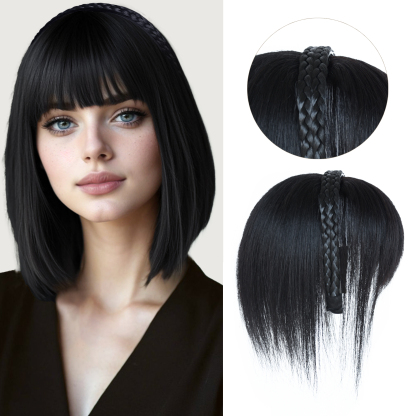 Meiverah Hair Twist Braid Headband Straight Hairpieces Human Hair Clip In Topper Hair Extension With Bangs Invisible Natural(Style 2 Natural Black)