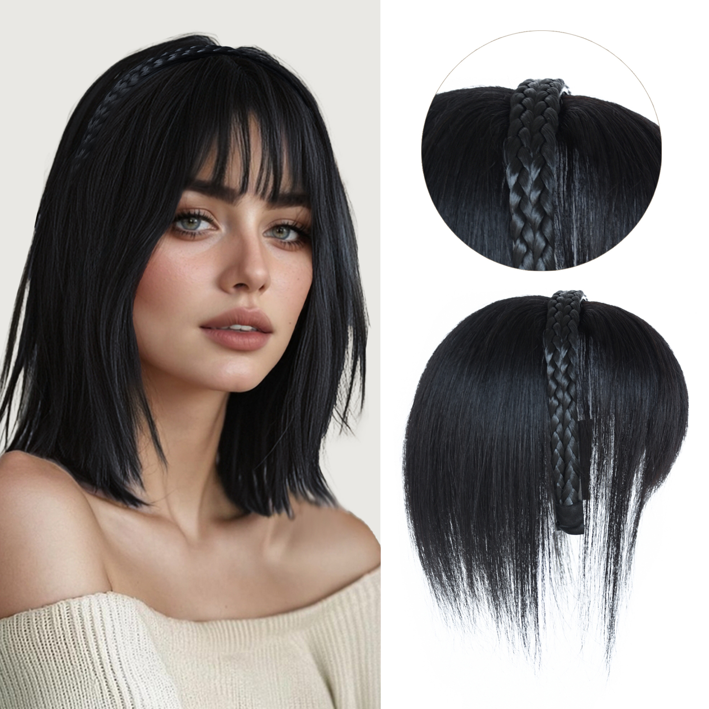 Meiverah Hair Twist Braid Headband Straight Hairpieces Human Hair Clip In Topper Hair Extension With Bangs Invisible Natural(Natural Black)