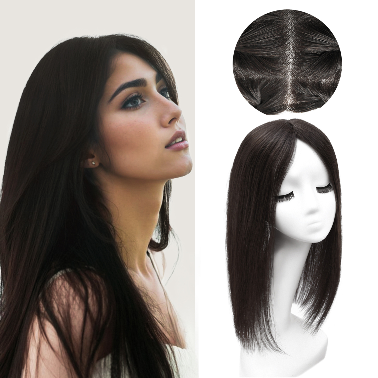 Meiverah Real Human Hair Full Hand-tied Swiss Mono Base Topper NO Bangs  Clip-In Thick Hairpiece for Women (#1B)