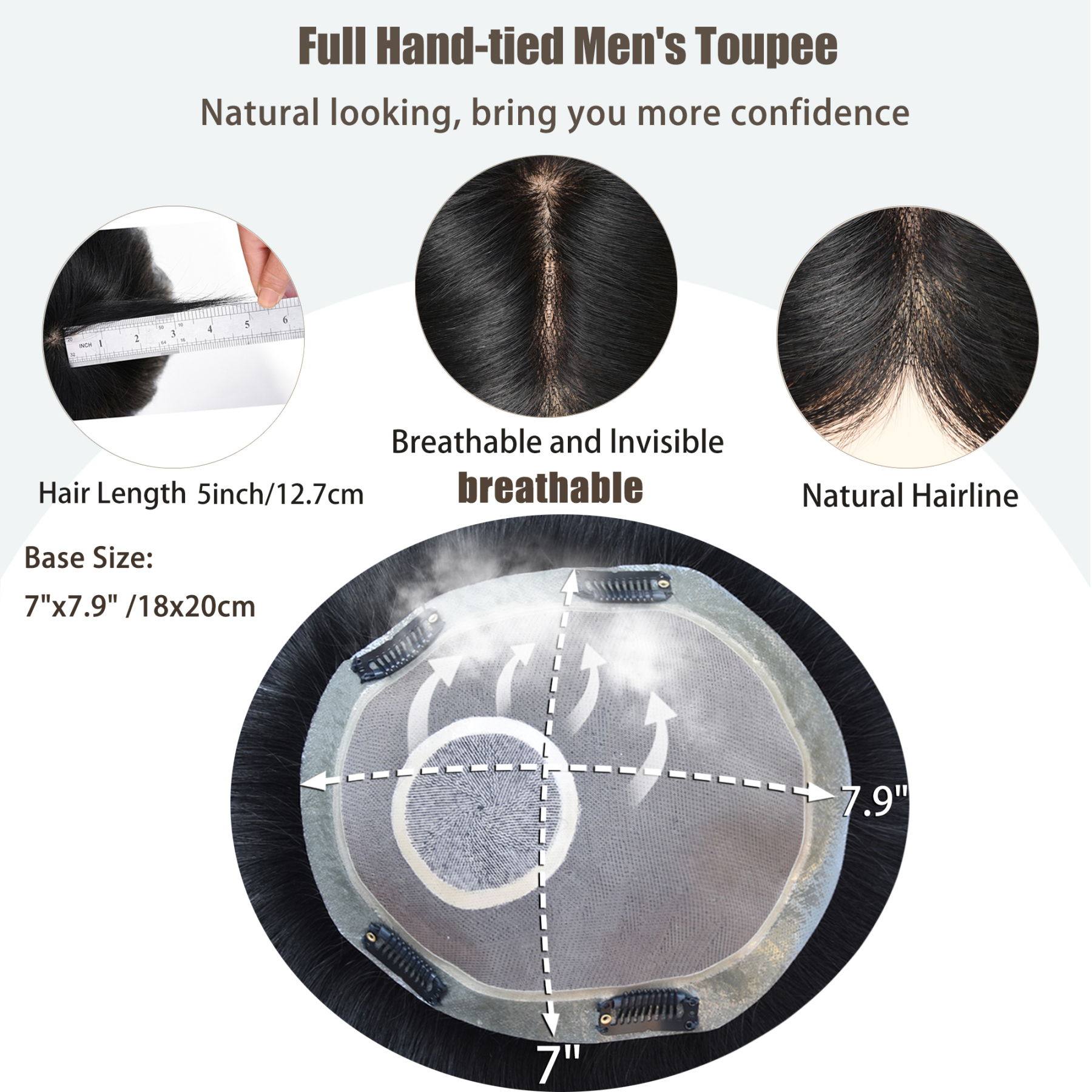 Meiverah Hair Untrimmed Hand Tied Mono Lace Toupee with Biological Scalp Toupee Human Hair Topper Top HairPiece for Men (Jet Black)(Hand-tied Lace)