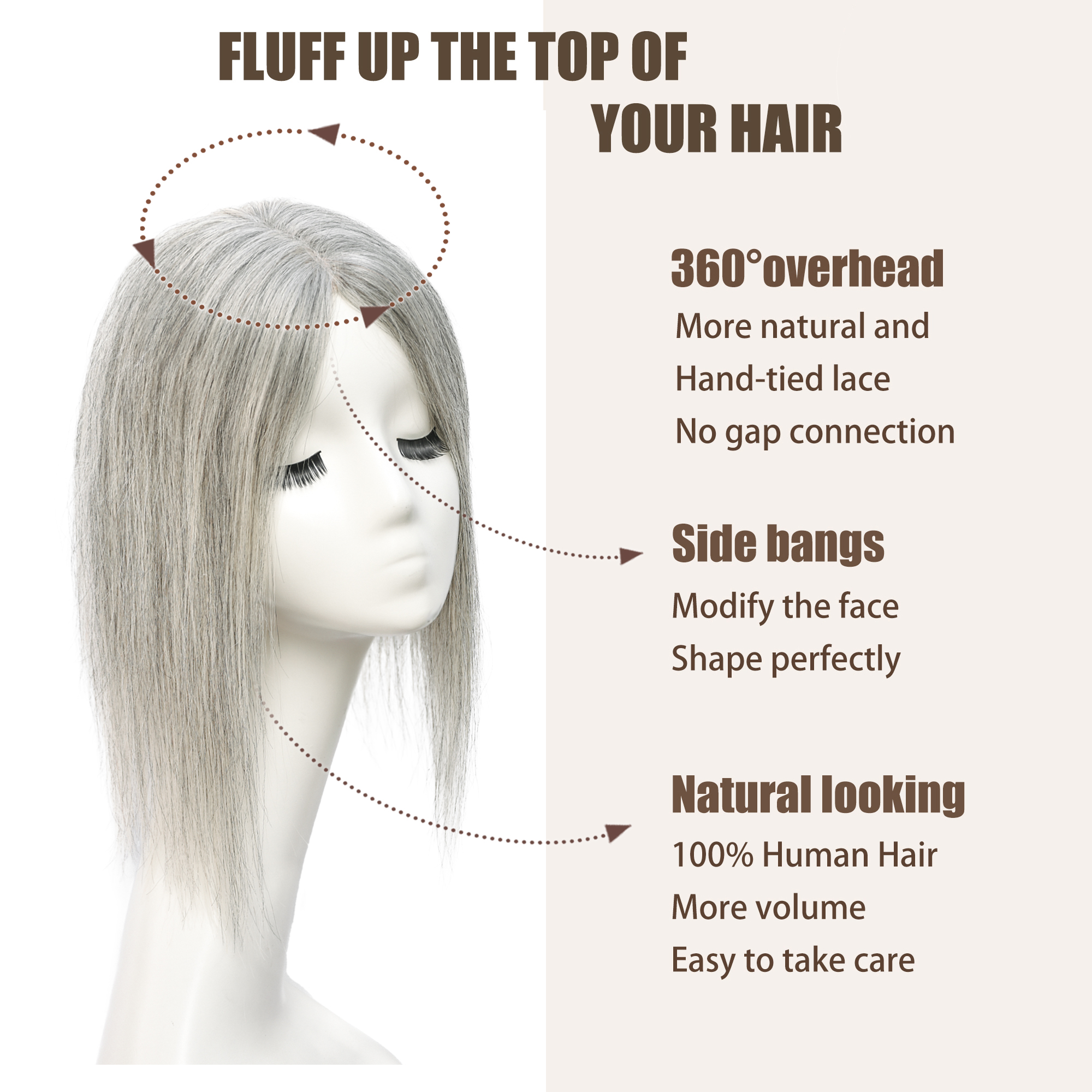 Meiverah Real Human Hair Hand-tied Swiss Lace Topper NO Bangs Clip-In Thick Natural looking Parted Toupee for Women (Pepper Salt)