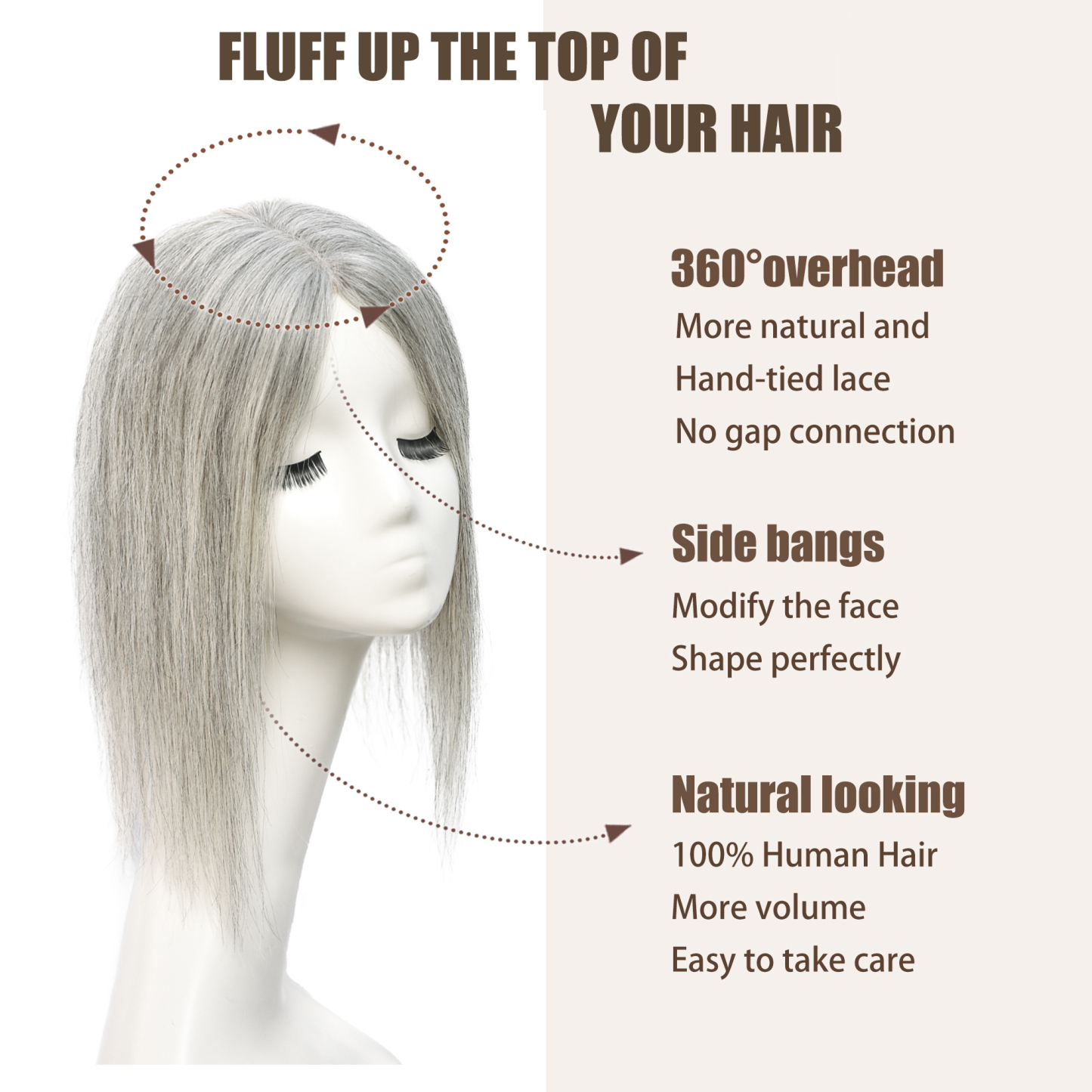 Meiverah Real Human Hair Hand-tied Swiss Lace Topper NO Bangs Clip-In Thick Natural looking Parted Toupee for Women (Pepper Salt)