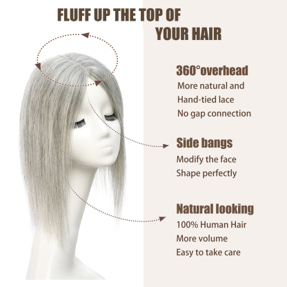 Meiverah Real Human Hair Hand-tied Swiss Lace Topper NO Bangs Clip-In Thick Natural looking Parted Toupee for Women (Pepper Salt)