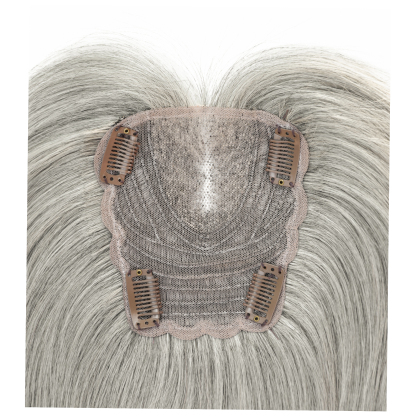 Meiverah Real Human Hair Hand-tied Swiss Lace Topper NO Bangs Clip-In Thick Natural looking Parted Toupee for Women (Pepper Salt)