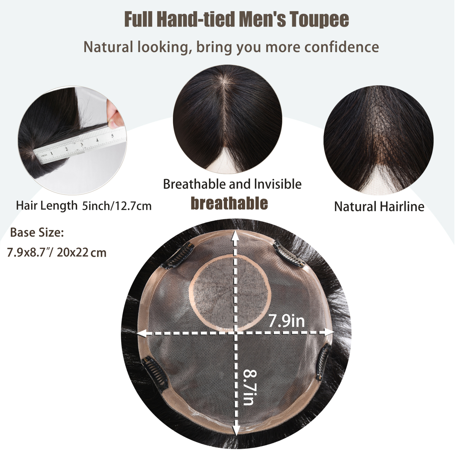 Meiverah Hair Untrimmed Hand Tied Mono Lace Toupee with Biological Scalp Toupee Human Hair Topper Top HairPiece for Men (1#)(Hand-tied Lace)