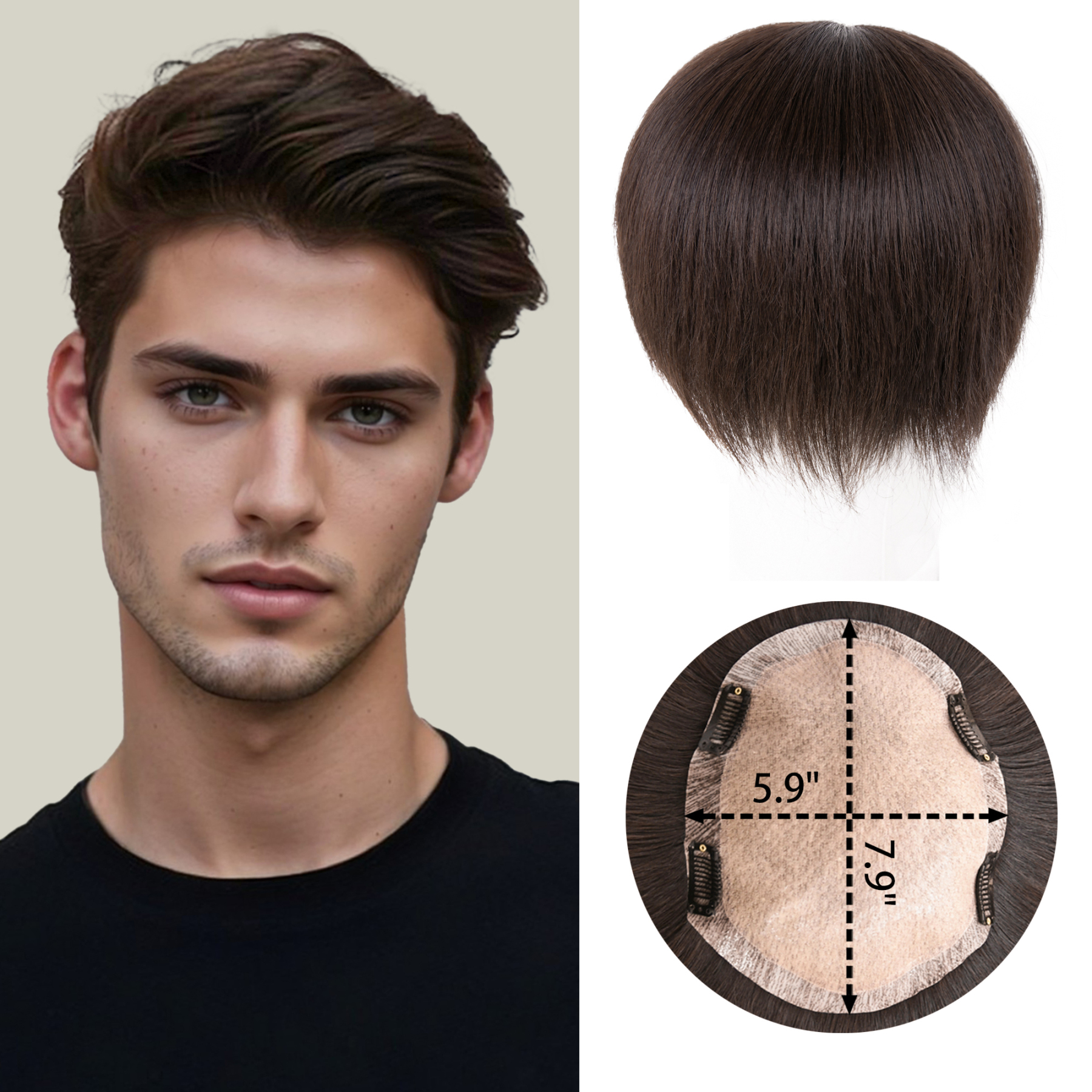 Meiverah Hair Untrimmed Hand Tied PU/Slik Base Toupee with Biological Scalp Toupee Human Hair Extension Clip in Hairpieces Topper Top HairPiece for Men (Dark Brown 3#, PU)