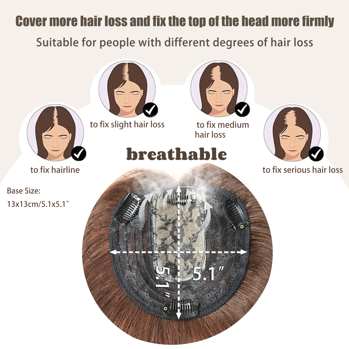 Meiverah Breathable PU Ultra-Thin Clip-In Women's Toupee - Natural Look Top Hair Piece with No Bangs -（Medium Brown#）