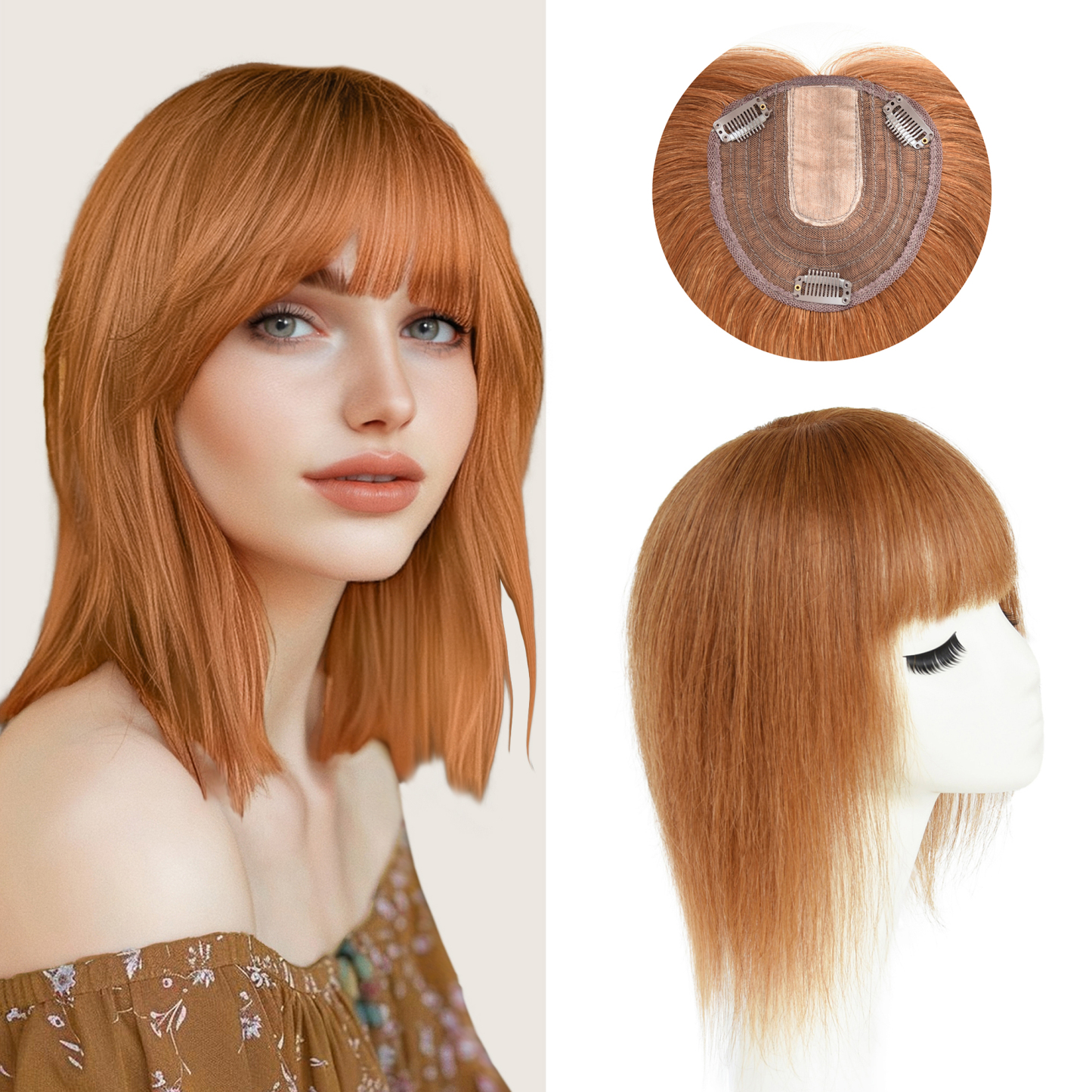 Meiverah Hair Real Human Hair Topper with Bangs Clip-In Thick PU Silk Base Hairpiece for Women (Copper Red)