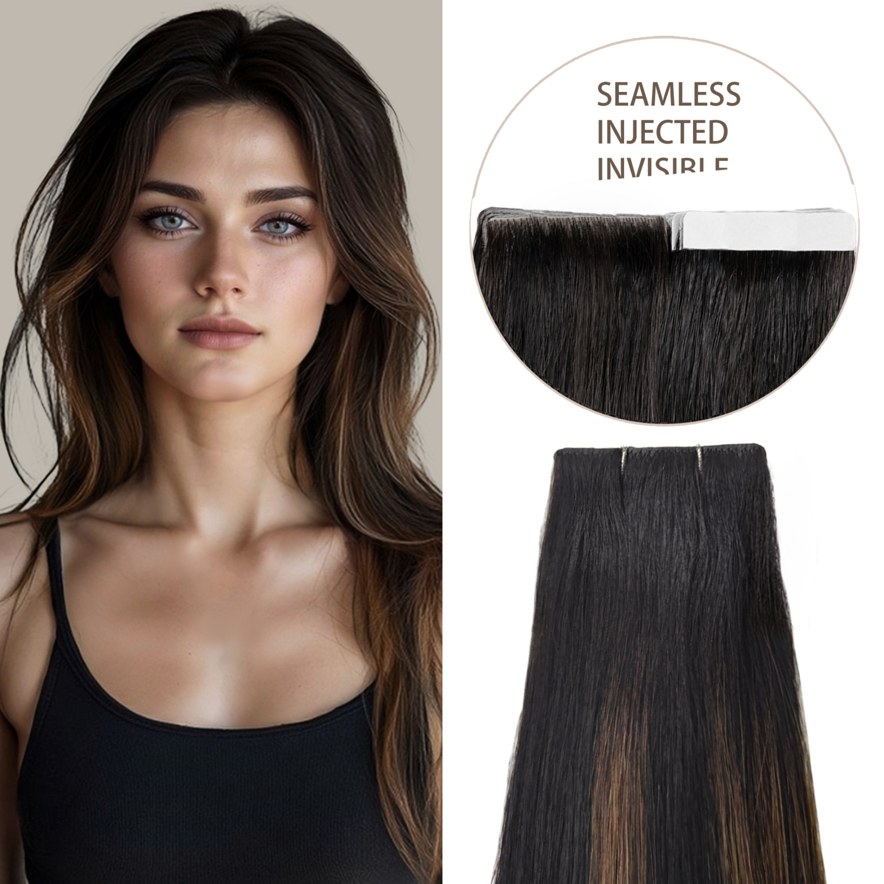 Meiverah Seamless Injected Hand-Tied Tape In Hair Extensions 20 Pcs/50 g Virgin Human Hair (#P1B/6/T1B)