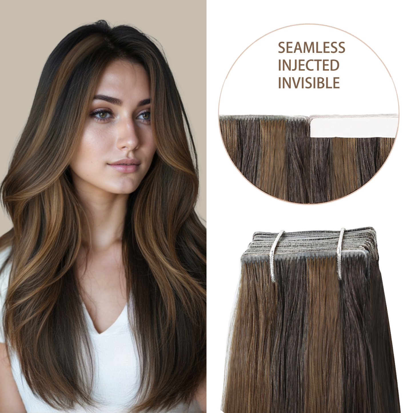 Meiverah Seamless Injected Hand-Tied Tape In Hair Extensions 20 Pcs/50 g Virgin Human Hair (#P2/6)